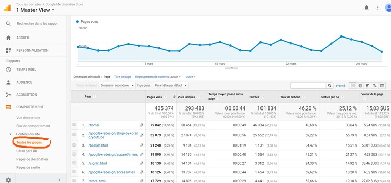 Google Analytics - Pages vues