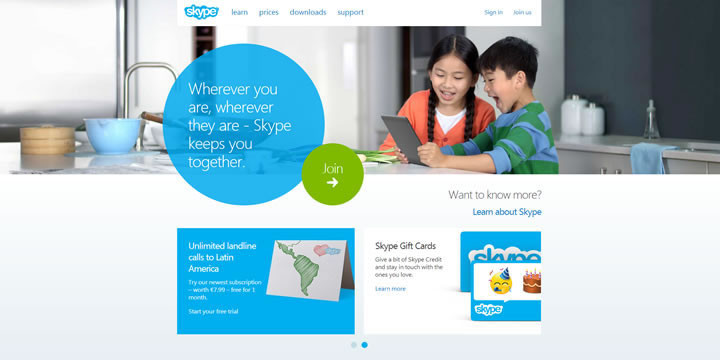 Site web de Skype en version Flat Design