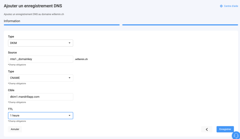 Exemple d'ajout d'une entrée de type DKIM sur l'interface d'administration d'Infomaniak