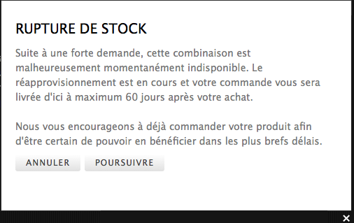 Page d'alerte qui avertit que le produit n'est plus en stock