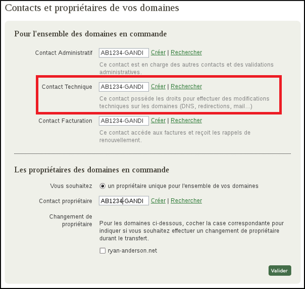 Ajout du contact technique - Gandi